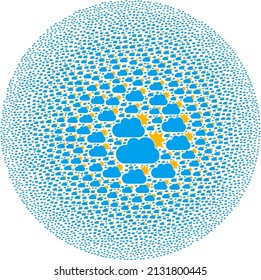 Sun cloud symbols are arranged into round group. Sun cloud icon spheric composition. Abstraction round cluster mosaic is done from sun cloud symbols.