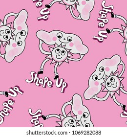 Sun Cloud and Text Whimsical Illustration pink Background Seamless Repeat Pattern