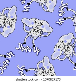 Sun Cloud and Text Whimsical Illustration Blue Background Seamless Repeat Pattern. Smiling Cartoon Characters. Happy Smiling Sun Getting a Workout lifting a Happy Cloud. Sun's unique Morning excercise
