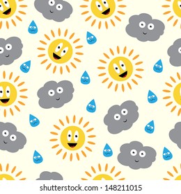 Sun and cloud vector seamless pattern.