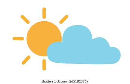 Sun and cloud vector. Sunny, partly cloudy weather icon clipart in flat cartoon style. 