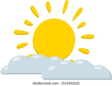 Sun and cloud. Warm summer weather. Sky element and meteorology. Simple child drawing. Cartoon flat illustration. Yellow and blue object