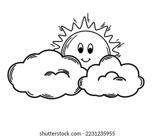 Sun with a cloud. Weather forecast. Meteorological. Line art Cloudy weather symbol for web printing and applications. Vector illustration in doodle style isolated on the white background. 