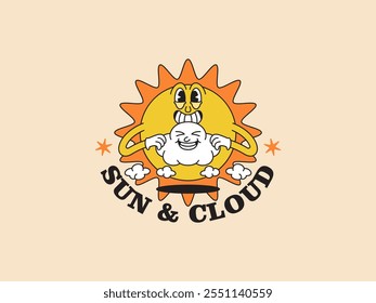 Clima de sol y nube con cara feliz abrazando dibujos animados retro vintage mascota ilustración personaje Vector Clip arte logo dibujado a mano