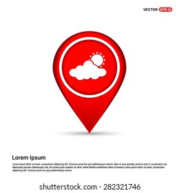 Sun Cloud Weather Icon - abstract logo type icon - white icon in map pin point showing forecast office red background. Vector illustration