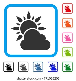 Sun And Cloud Weather icon. Flat grey pictogram symbol in a light blue rounded square. Black, gray, green, blue, red, orange color versions of Sun And Cloud Weather vector.