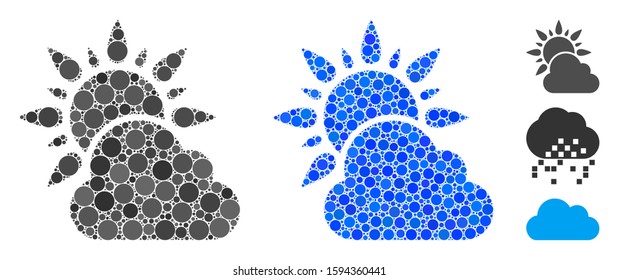 Sun and cloud weather mosaic of circle elements in variable sizes and color tints, based on sun and cloud weather icon. Vector circle elements are combined into blue composition.