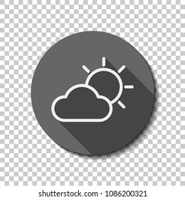 Sun and cloud. Weather symbol. Linear icon with thin outline. White flat icon with long shadow in circle on transparent background. Badge or sticker style