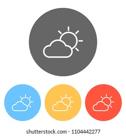 Sun and cloud. Weather symbol. Linear icon with thin outline. Set of white icons on colored circles