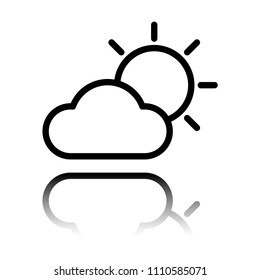 Sun and cloud. Weather symbol. Linear icon with thin outline. Black icon with mirror reflection on white background