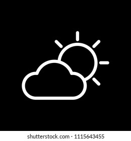 Sun and cloud. Weather symbol. Linear icon with thin outline. White icon on black background. Inversion