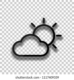 Sun and cloud. Weather symbol. Linear icon with thin outline. Black glass icon with soft shadow on transparent background
