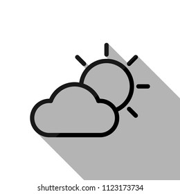 Sun and cloud. Weather symbol. Linear icon with thin outline. Black object with long shadow on white background