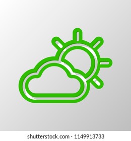 Sun and cloud. Weather symbol. Linear icon with thin outline. Paper style. Cut symbol with green bold contour on shape and simple shadow