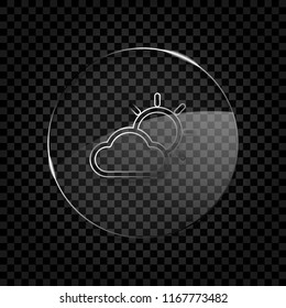 Sun and cloud. Weather symbol. Linear icon with thin outline. Icon in circle glass bubble on dark transparent grid. Glass style