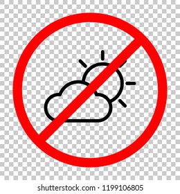 Sun and cloud. Weather symbol. Linear icon with thin outline. Not allowed, black object in red warning sign with transparent background