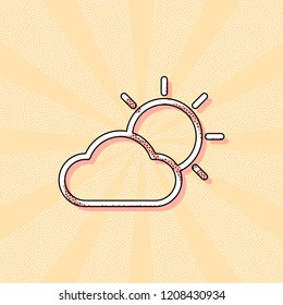 Sun and cloud. Weather symbol. Linear icon with thin outline. Vintage retro typography with offset printing effect. Dots poster with comics pop art background