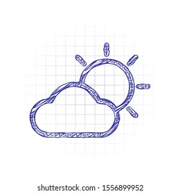 Sun and cloud. Weather symbol. Linear icon with thin outline. Hand drawn sketched picture with scribble fill. Blue ink. Doodle on white background