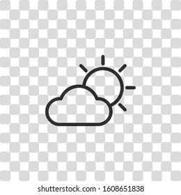 Sun and cloud. Weather symbol. Linear icon with thin outline. Black symbol on transparency grid