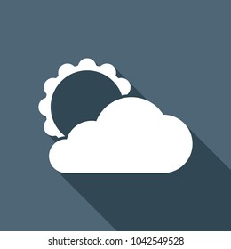 sun and cloud. White flat icon with long shadow on background