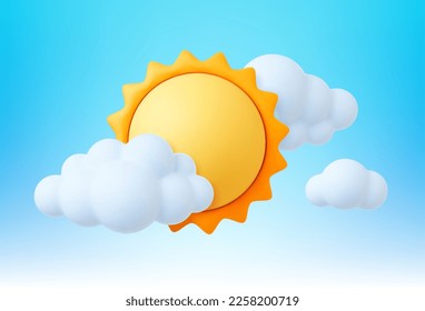 Sun in clouds, 3d sunny weather elements. White bubble cloud on sky. Summer spring hot, seasonal vector realistic design