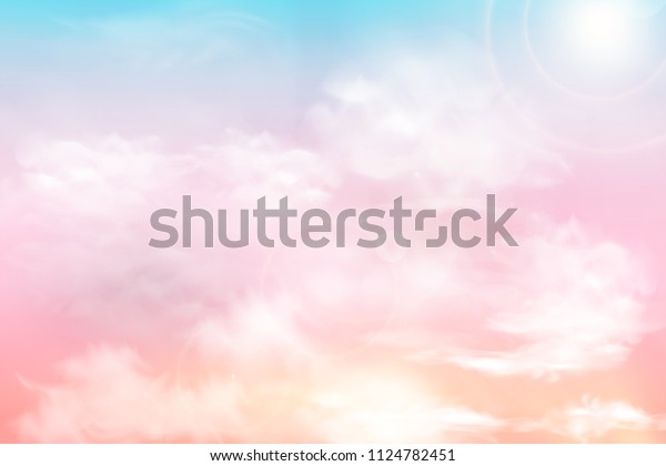 ソフトなパステル色の背景に日と雲 カラフルな曇り空 ふわふわした白い雲の背景に幻想的な晴れた空パステル 自由のコンセプト ベクターイラスト のベクター画像素材 ロイヤリティフリー