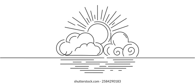 sun and clouds, sun behind cloud simple drawings in one line style. vector illustration