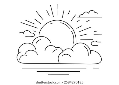 sun and clouds, sun behind cloud simple drawings in one line style. vector illustration