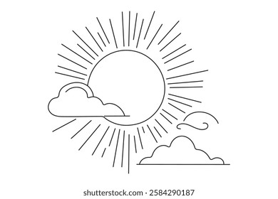 sun and clouds, sun behind cloud simple drawings in one line style. vector illustration