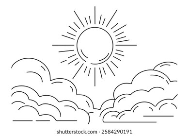 sun and clouds, sun behind cloud simple drawings in one line style. vector illustration