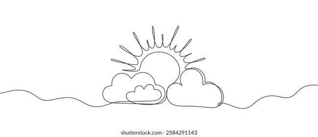 sun and clouds, sun behind cloud simple drawings in one line style. vector illustration