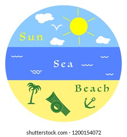 Sun, clouds, bird, sea, waves, beach, inflatable mattress, inflatable circle, anchor, palm. Summer leisure.