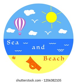 Sun, clouds, birds, air balloon, sea, waves, beach, crab, inflatable mattress, inflatable circle. Summer leisure.