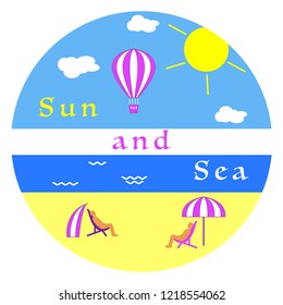 Sun, clouds, birds, air balloon, beach, people, chaise lounges, parasol, arbor. Summer leisure.
