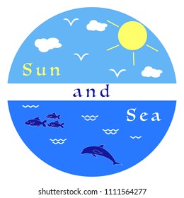 Sun, clouds, birds, dolphin, sea, waves, fish. Template for design, print.