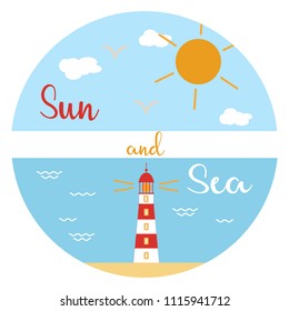 Sun, clouds, birds, sea, waves, beach, lighthouse. Template for design, print.