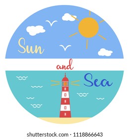 Sun, clouds, birds, sea, waves, beach, lighthouse. Template for design, print.