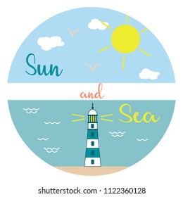 Sun, clouds, birds, sea, waves, beach, lighthouse. Template for design, print.