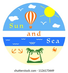 Sun, clouds, birds, sea, waves, beach, air balloon, anchors, crab, palms, hammock.