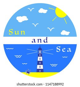 Sun, clouds, birds, sea, waves, beach, lighthouse, crab. Template for design, print.