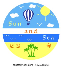 Sun, clouds, birds, sea, waves, beach, anchors, crab, palms, air balloon. Template for design, print.