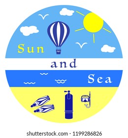 Sun, clouds, birds, sea, waves, beach, mask, tube, fins, oxygen tank, air balloon. Template for design, print.