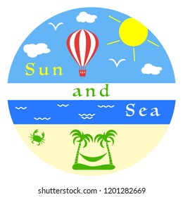 Sun, clouds, birds, sea, waves, beach, air balloon, crab, palms, hammock. Template for design, print.