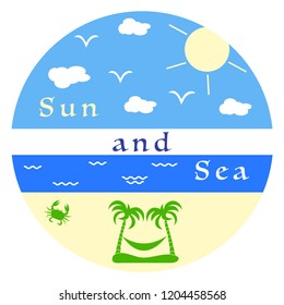 Sun, clouds, birds, sea, waves, beach, crab, palms, hammock. Template for design, print.