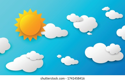 Sun and clouds in blue sky. Paper art style. Summer concept. Weather background. Cloudscape wallpaper. Sunny day backdrop.