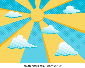 Sun And Clouds In Blue Sky. Vector Illustration In Comic Style.