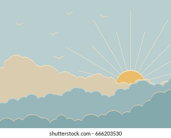 Sun and clouds  blue sky. Vector illustration of retro poster.