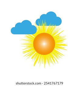 Sun with clouds. Bright vector illustration. Yellow and blue colors. Sunny weather icon.