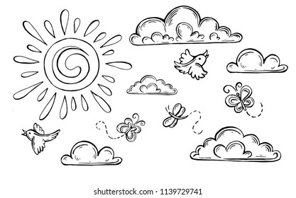 sun with clouds and butterflies