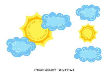 Sun with clouds cartoon style. Abstract flat suns colors hand drawn symbol. Cute bright nature weather element for kids. Meteorological infographics for print, card, fabric. Isolated vector